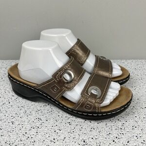 Clarks Bendables Leather Low Wedge Sandals Womens 10M Metallic Bronze Slip On